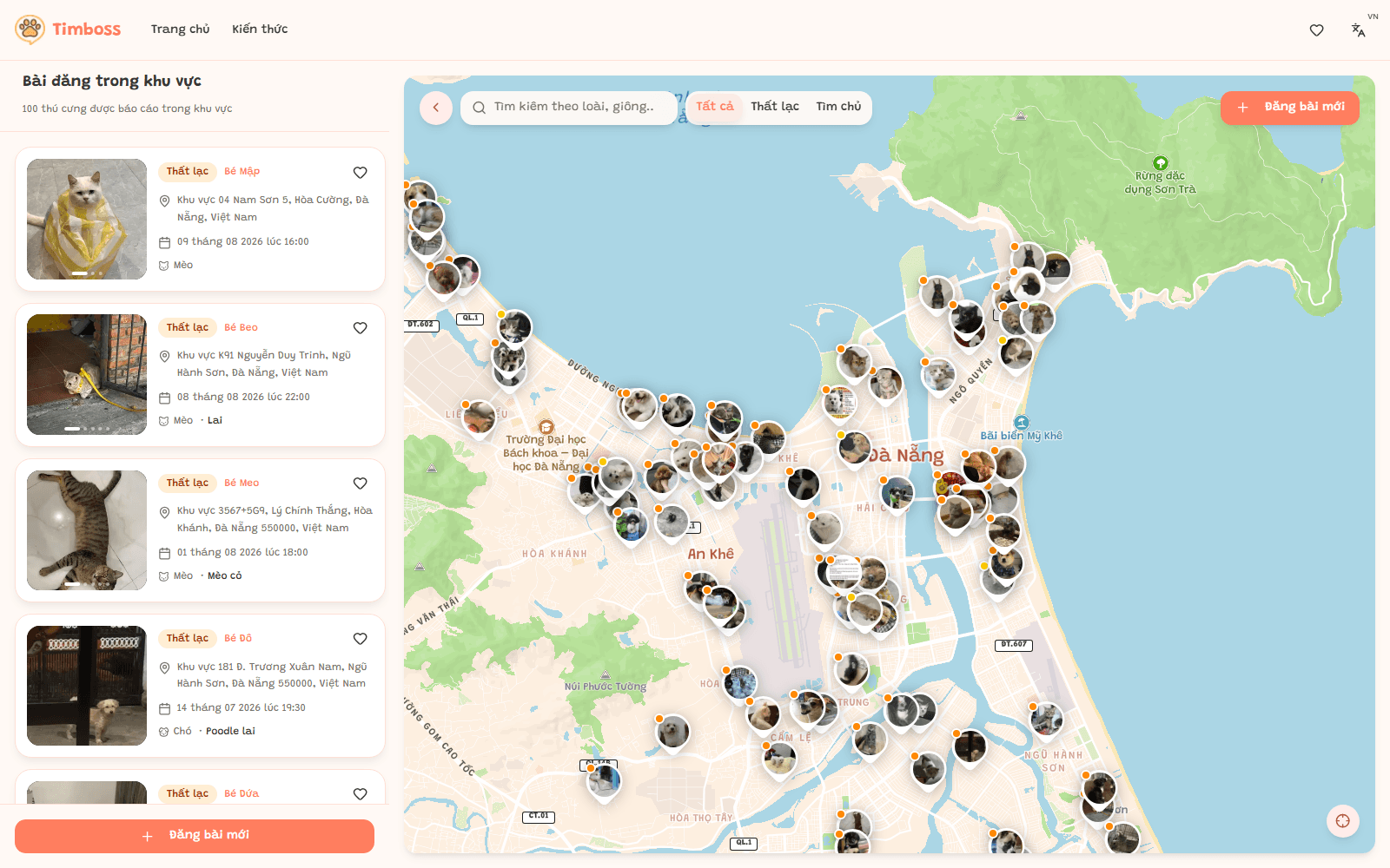 TimBoss lost pet community website displaying reports that help owners find missing pets