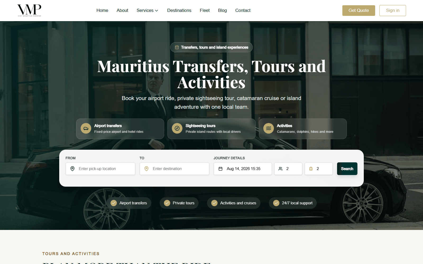 Visit Mauritius Paradise website with transfer booking search and island tour services
